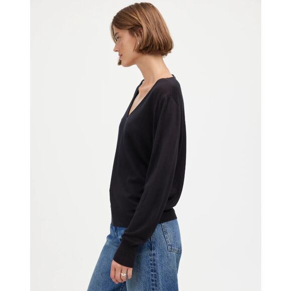 Madewell Merino Wool-Silk Blend V-Neck Sweater SZ XL Black Relaxed Fit Pullover - Picture 2 of 9